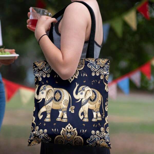 1pc Elephant Print Canvas Tote Bag - Large Capacity Reusable Shopping Bag, Women Shoulder Bag Fashion Handbag, Multifunctional Daily Carry Canvas Bag, Holiday Gift