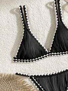 Bikinx Multi-Color Contrast Floral Trim Halter Neck Tankini Swimsuit - Black and White - View 3
