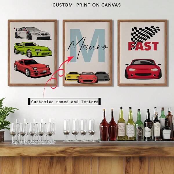 Conjunto de 3 peças de arte de parede em tela personalizada - Conjunto de arte de parede de carro de corrida com nome personalizado - Decoração de quarto de meninos, 3 peças, tema de carro esportivo - Arte de parede personalizada para quarto de meninos - Arte de berçário com tema de carro de corrida, impressões personalizáveis para quarto de menino, material de alta qualidade, ideia de presente exclusiva, presentes de aniversário e formatura