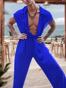 Enterizo para Hombre Largo de Escote V de Corte Holgado con Detalle de Nudo - Azul - Ver 2