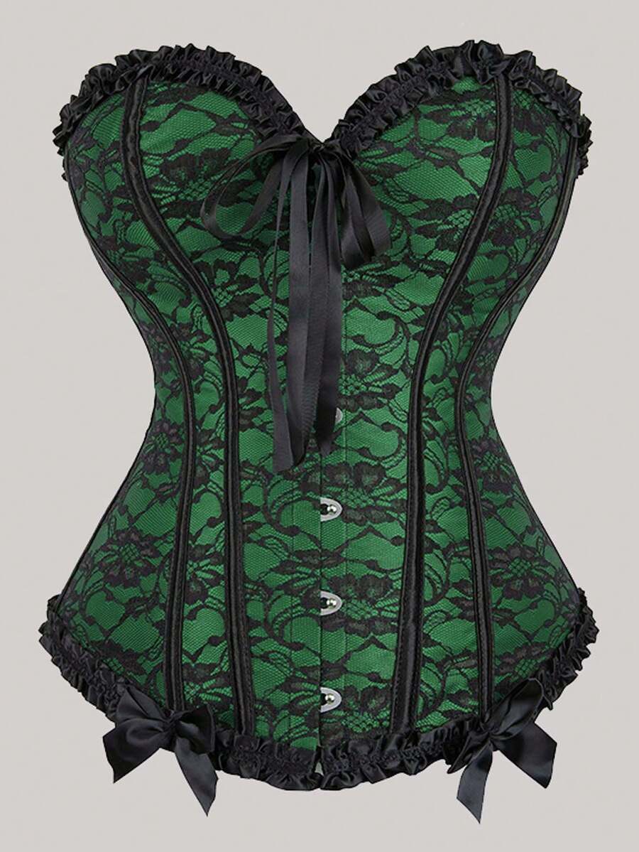 Vintage Lace-Up Backless Corset Top, Tight-Fitting Bustier With Boning, Waist Cincher With Tie-Back, Suitable For New Year Party, Valentine's Day, Holiday, Halloween Costume - Green - View 1
