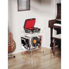 Acrylic Record Player Stand With Storage Shelf, Clear Vinyl Record Storage Turntable Stand, 3 Tier Side Table With Wheels (Clea - 1 - View 7