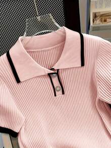 女款螺紋 Polo 領針織上衣，短袖對比飾邊拼接上衣，休閒優雅襯衫，適合春夏秋冬 & 度假 - 粉色 - 查看 4