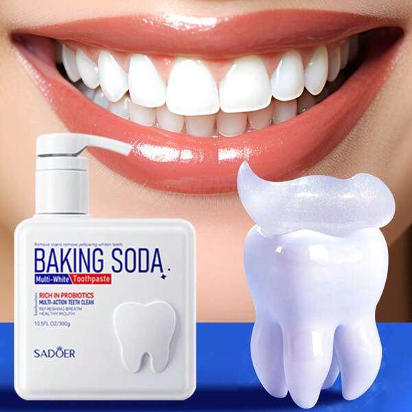 1 Bottle 300g Baking Soda Probiotic Pump Toothpaste, Deep Clean Teeth, Whitening & Brightening