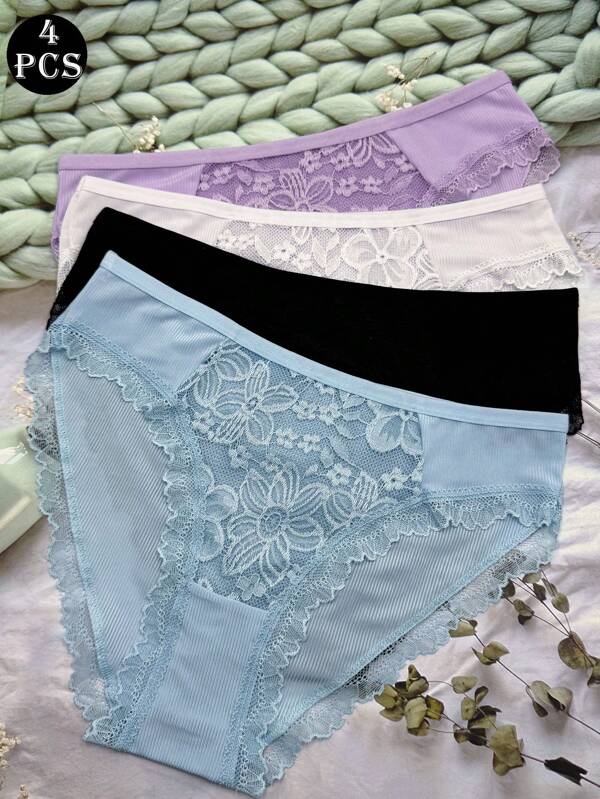 4pcs/Pack Lace Trim Breathable Comfortable Sexy Women Summer Briefs