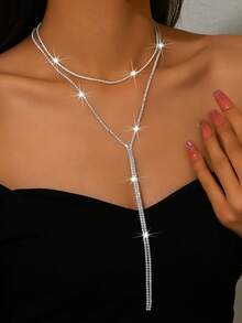 Luxury Versatile Long Collarbone Chain Rhinestone Necklace, Delicate Design High-End Sweater Chain, - Silver - View 20