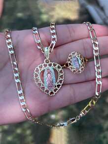 2pcs/Set Our Lady Of Guadalupe Necklace Ring Set Personalized Sweater Chain Retro Pendant Necklace Clothing Accessories Perfect Holiday Gift