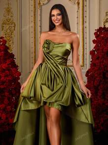 Luxury Green Off Shoulder Satin Strapless Hi-Lo Dress With Rosette Detail, Asymmetrical Prom Gown For Women, Elegant Party Evening Dress, Statement Design, Formal Occasion Wear