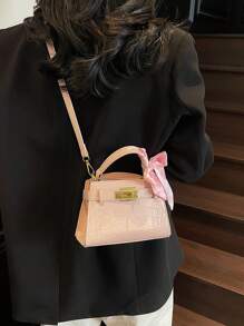 Luxury Crocodile Embossed Women's Handbag, Exquisite Fashion Metal Decor, Adjustable Shoulder Strap Crossbody Bag, Minimalist Style Strap Decor Commuter Bag, Magnetic Closure, Multi-Functional Lightweight Tote Crossbody Bag, Fashion Scarf Decor Design Handbag, Suitable For Gifts, Shopping, Dates, Business Travel, Vacation And Other Occasions. , Pink - Pink - View 4