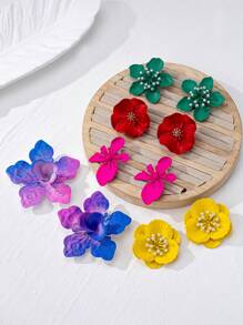 Set de 5 pares de pendientes de botón con diseño exagerado de flores y colores de dopamina, pendientes creativos y de moda adecuados para uso diario y de fiesta de mujeres, colores aleatorios