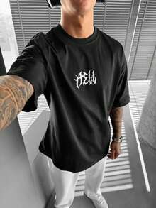 Men's Colorblock Printed Crew Neck Short Sleeve T-Shirt, Suitable For Summer - 黑與白 - 查看 3