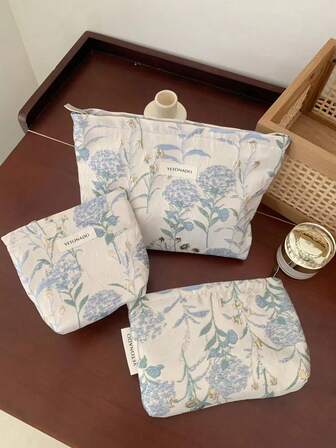 1Pc 新款清新简约便携大容量化妆包，便携旅行护肤品收纳包，便携手提包艺术提花化妆包，高颜值便携收纳包，零钱包，时尚休闲大容量便携拉链化妆包