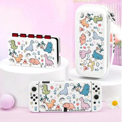1 件可爱动物和恐龙图案保护套，兼容 Switch/Switch 2 游戏机，包含储物袋、卡槽底座、柔软亲肤的游戏机保护套，是兼容 Switch 玩家的最佳礼物