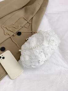 2025 Spring/Summer White Romantic Wedding Season 1pc White Pearl Mesh Floral Hair Clip & Pearl Handbag, Elegant Women's Luxury Dress Evening Bag, Bridal Purse, Wedding Party Clutch - White - View 6