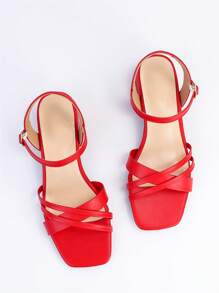 Wide Fit Women's French Cross Strap High Heel Sandals, 2025 Summer New Fashion Versatile Square Toe Buckle Strap Vacation Outdoor Roman Sandals