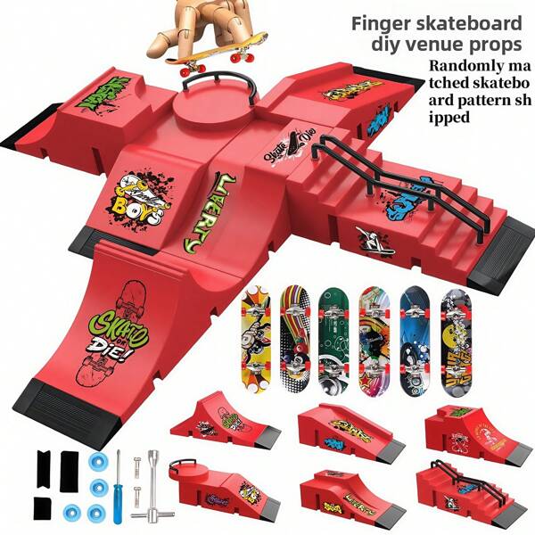 6-In-1 Fingerboard Ramp Set, Including Halfpipe Ramp, Fingerboard Skateboard, Finger Skating Training Props, Interactive Freestyle Skateboarding Game, Random Color Skateboard Pattern And Wheel Accessories