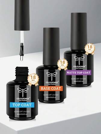 COLOURSMILE 3pcs 18ml Gel No Wipe Top Coat & Base Coat & Mate Top Coat Set , Shine Finish And Long Lasting ,For Home Salon Nail Art DIY