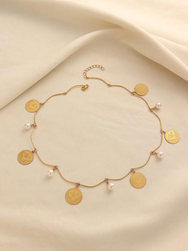 1pc Copper Alloy Gold Plated Faux Pearl Tassel Necklace, Elegant Gift For Women Daily Wear