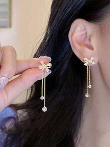 1 对可爱蝴蝶结设计流苏耳环，轻巧精致长款吊坠耳环，百搭清新风格女士珠宝 - 金黃色 - 查看 7