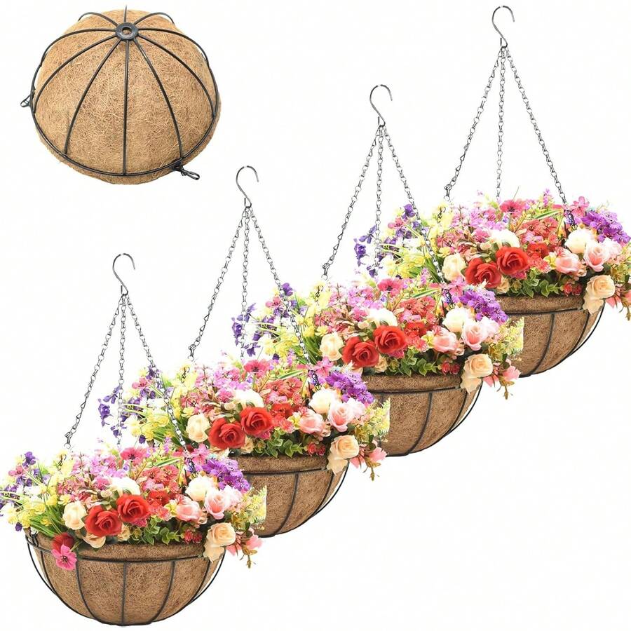 4 Pack 14 Inch Hanging Baskets For Plants Outdoor Metal Hanging Planter Basket With Coco Coir Liner Hanging Flower Pots Holder For Garden, Patio(Flower) - 14 Inch - View 1