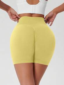 1pc Women Solid Color Yoga Compression Shorts, Outdoor Sports Shorts - Yellow - View 5