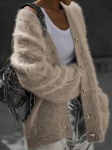 Elegant Lady Casual Fashionable European Style Versatile Knitted Cardigan Sweater, Comfortable Long Sleeve Plus Size Sweater Outerwear