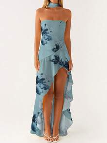 Women Cute Floral Print Cami Tank Midi Ruffle Dress With Scarf Y2k Asymmetrical Mesh Backless Flowy Long Dresses - 藍色 - 查看 4