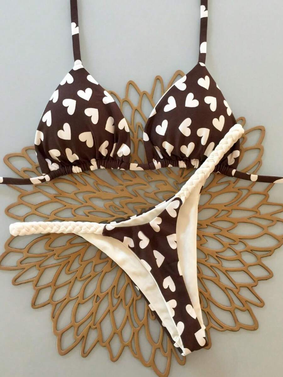 女式露背系带比基尼套装，带心形印花和丁字裤，休闲弹力泳装 - 咖啡棕 - 查看 1