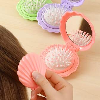 Foldable Mini Massage Comb & Mirror | Metallic Shell Design Travel Hair Brush With Scalp Care Bristles, Pocket-Sized Unisex Essentials For Purse/Car/Office - Hypoallergenic Compact Grooming Kit