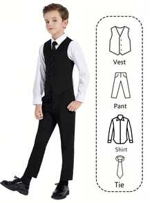 男童四件套西装套装幼儿燕尾服礼服结婚礼服背心裤子衬衫领带儿童黑色尺码 6-14 岁 - 黑色 - 查看 5