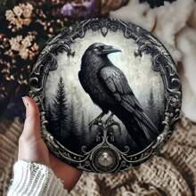1 pieza Placa metálica 2D, placa decorativa redonda metálica con diseño de corona y cuervo, decoración de pared para hogar/café/apartamento/restaurante/sala de estar, regalo de fiestas, regalo para amantes de las aves, 8" X 8", estilo de perforación aleatorio