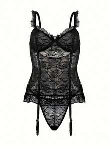 女士性感蕾丝内衣套装，包含1件睡袍和1条镂空性感丁字裤 - 黑色 - 查看 5