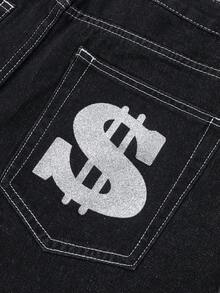 Bermuda Denim Shorts With Letter Print, Loose Fit Vintage Street Style Wide Leg Casual Jeans Shorts - Black - View 4