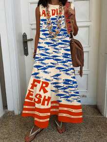 女式字母印花荷叶边下摆休闲度假浪漫无袖连衣裙，春夏季