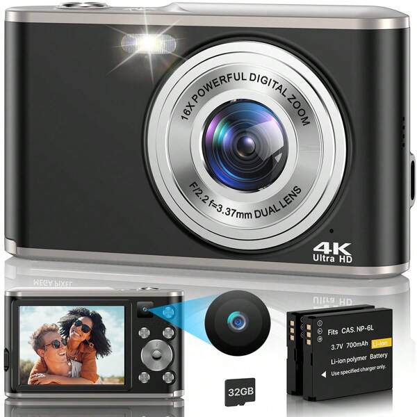 Nicamery Cámara digital 4K con cámara frontal y trasera, 48MP de píxeles, zoom digital 16X, incluye 2 baterías y tarjeta de memoria de 32GB, adecuada para viajes