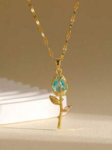 1pc Women's Fashionable Gold Color Necklace, New Korean And European Style Necklace With Cat Eye Tulip Pendant, Lightweight Luxurious Zirconia Rotating Snowflake Pendant Necklace