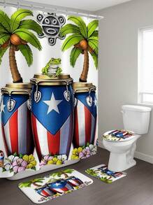 1/4pcs Luxurious Green-Themed Bathroom Set - College-Style Personalized Pattern Non-Slip Shower Curtain And U-Shaped Seat Cushion With Animal-Themed Decoration (Machine Washable) Room Decor Bathroom Accessories Back To School