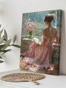 1 件帆布墙面艺术海报家居装饰礼品，捕捉身着飘逸玫瑰色连衣裙的女子之美，在盛开的鲜花环绕的阳光窗边阅读，可直接悬挂，可选带框 - 彩色 - 查看 4