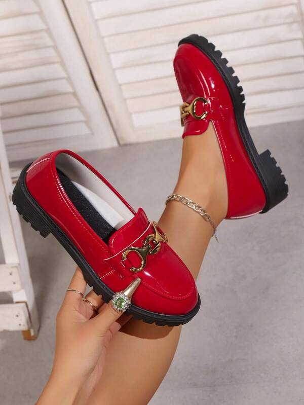 Sapatos mocassins femininos com decoração de laço, fivela de metal brilhante, sapatos baixos estilo escolar