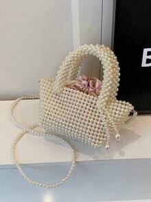 1pc Fashionable Elegant Pearl Knit Handbag With Shoulder Strap, Chic Design - A - View 10