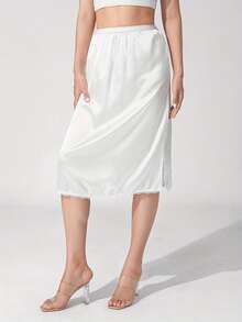 Women's Half Slips, Elastic Waist Solid Color Underskirt Lace Trim Half Slip Skirt For Under Dresses - sữa - Xem 1