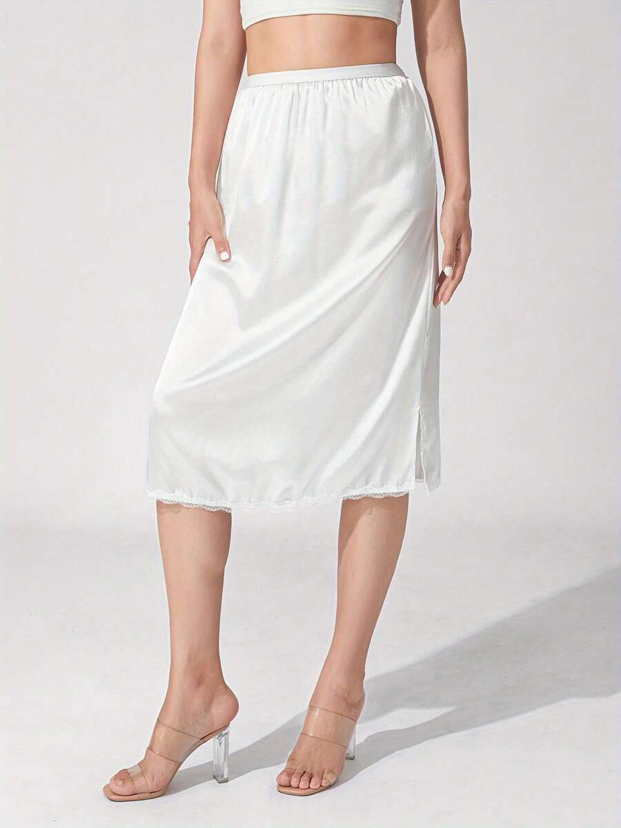 Women's Half Slips, Elastic Waist Solid Color Underskirt Lace Trim Half Slip Skirt For Under Dresses - sữa - Xem 1