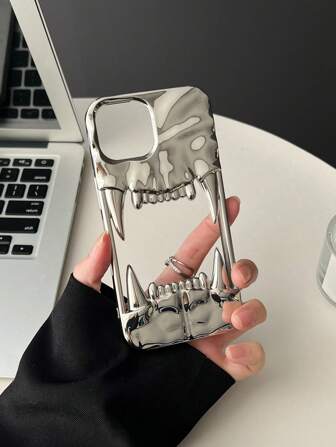 搞笑手机壳，丑陋手机壳 1 件银色电镀镂空皱纹虎牙，简约而独特的设计，男女皆宜