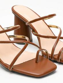 女士简约细带凉鞋，优雅高跟露趾绑带设计，适合2025年夏季 - 棕色 - 查看 4