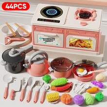 33pcs/44pcs/66pcs/76pcs Children Kitchen Playset, Suitable For Boys And Girls, Includes Cooking Utensils, Mini Stove, Rice Cooker, Fruits, Mixing, Stir-Frying, Cutting Vegetables And Musical Tableware Simulation