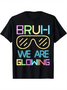 Men's "We Are Glowing" Neon Graphic T-Shirt - Black Cotton Casual Summer Tee With Fashion Glasses Design, Perfect Birthday Gift For Friends, Team Spirit, Or Daily Wear - 黑色 - 查看 1