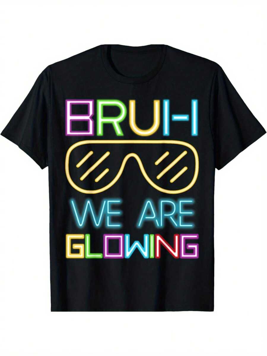 Men's "We Are Glowing" Neon Graphic T-Shirt - Black Cotton Casual Summer Tee With Fashion Glasses Design, Perfect Birthday Gift For Friends, Team Spirit, Or Daily Wear - 黑色 - 查看 1