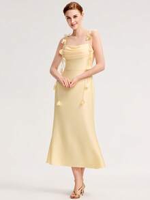 EVERPRETTY Vestido de dama de honor amarillo lindo de verano, vestido de invitada de boda de longitud media con tirantes de satén y flores 3D, adecuado para bodas, cumpleaños, galas, fiestas y otras ocasiones - Amarillo - Ver 7