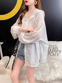 女士透气长袖刺绣透明轻薄防晒衬衫/夹克 - 白色 - 查看 6