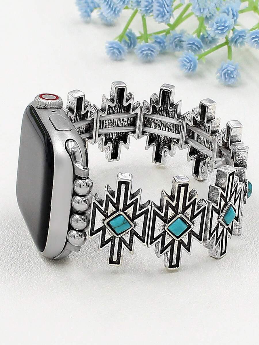 1 pieza Brazalete de estilo bohemio compatible con la correa del de 38 mm, 40 mm, 41 mm, 42 mm, 44 mm, 45 mm y 49 mm, con diseño de parches retro, relámpago y turquesa, regalo perfecto para San Valentín, uso diario u ocasiones especiales, compatible con Series Ultra 1, 2, S10, SE, 9, 8, 7, 6, 5, 4, 3, 2, 1 - Plateado - Ver 1
